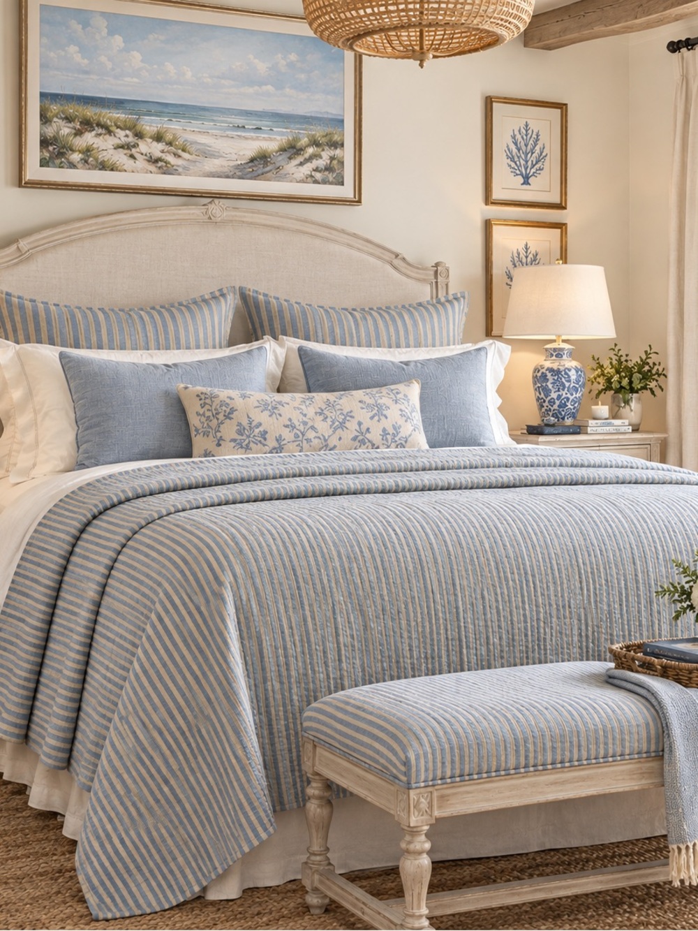 Blue and White Striped Coastal Quilt king size